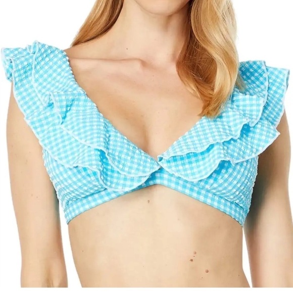 Lilly Pulitzer Arlin Bikini Top Crinkle Gingham Swim Turquoise Oasis - Picture 1 of 6